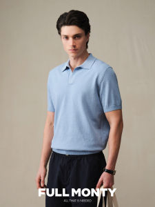 Light Blue V-Neck Knit Polo T-Shirt Short Sleeve