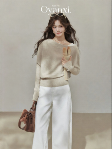 OUYANGXI | Áo Len Nữ Trễ Vai Miu Style Màu Yến Mạch