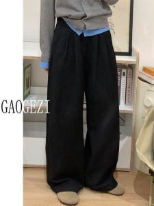 High Waist Wide Leg Black Denim Jeans Womens Folded Texture Straight Long Pants Autumn Fashion High Waist Bootcut Trousers
