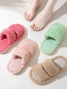 รองเท้าแตะผ้าฝ้ายทรงกลมลายลูกไม้สำหรับผู้หญิงในบ้าน รองเท้าแตะแบบมีก้นยางกันลื่น สไตล์เรียบง่าย รองเท้าแตะสำหรับใส่ในบ้าน