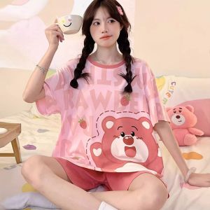 2025 New Summer Womens Sleepwear Home Clothes Thin Cartoon Short Sleeve Shorts Loose Home Clothes Set Sweet Cute Style