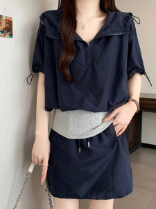 Shalldoer | Casual Sportswear Set Women Summer 2025 Drawstring Short Sleeve A-Line Mini Skirt Two-Piece Ensemble Breathable Comfortable Fabric