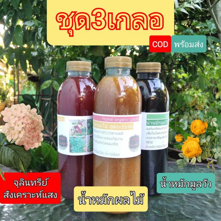 น้ำหมักผลไม้ชุด3เกลอ จุลินทรีย์สังเคราะห์แสง น้ำหมักมูลวัว