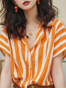 Fashion Elegant Super Nice Orange Stripes Lapel Short Sleeve Shirt Womens Summer Unique Easiest for Match Commute Style Tops