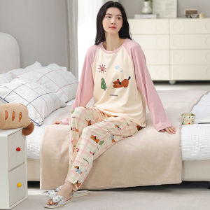 MiiOW | Bộ đồ ngủ cotton nguyên chất cho nữ tay dài quần dài thoải mái thoáng khí rộng rãi mặc nhà mùa thu MiiOW phong cách hoạt hình dễ thương