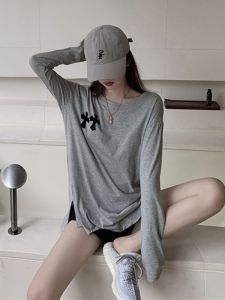 Gray Split Side T-shirt/Cotton Top Sleeve Long Print Mid-length