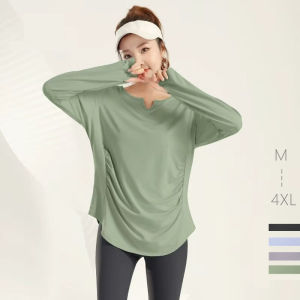 Side Pleated V Neck Fitness T-shirt Elastic Softness Long Sleeve Breathable Tops Plus Size 3XL 4XL Female Shirt
