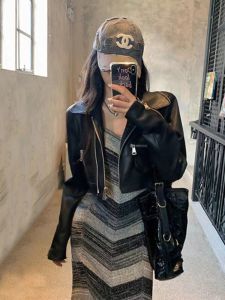 Short Motorcycle Style Leather Jacket Womens Black American Retro Coat Street Style Long Sleeve Slim Fit Other Material 90% Polyester Fiber 10% PU