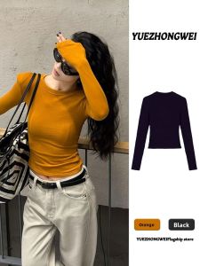 YUEZHONGWEI | Pumpkin Orange Square Shoulder Fleece-lined Slim Fit Womens Long Sleeve Tee