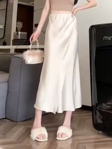 Women Silk Drape a-line Maxi  Skirt  Autumn Split Fishtail Rayon Fabric High Waist Skirt 99010