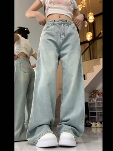 Womens Bow Embroidered Jeans Ballet Style Straight Leg Jeans Light Blue Denim Wide Leg Pants