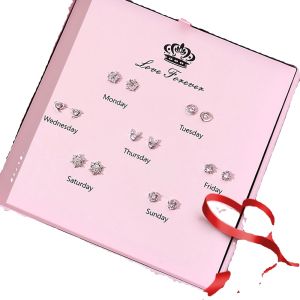 S925 Silver Needle Ear Studs Gift Box Set of Seven for a Week Elegant Female Friend Jewelry Gift for Girlfriend Or Bestie