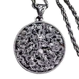 Dilyscharm may mắn mạ bạc chín con rồng Mặt dây chuyền cho nam giới