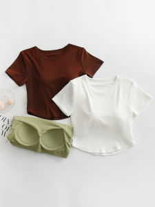 Short Sleeve T-Shirt Womens Summer Thin Bra with Chest Pad Slim Fit Inner Wear Integrated Yoga Beauty Back Short Midriff-Baring Top