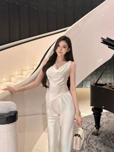 Acetate Satin Slim Fit Asymmetrical Neckline Strapless Vest Womens Premium Style Sleeveless Top Original Design Thinming Effect