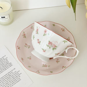 French Pink Rabbit Print Vintage Coffee Cup and Saucer Set Ceramic Cup Cute Girls Afternoon Tea Dim & Saucer
