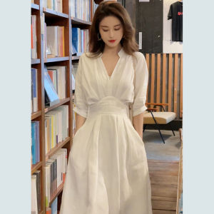 QFN | Elegant French V-Neck Fairy Long Dress Slim White