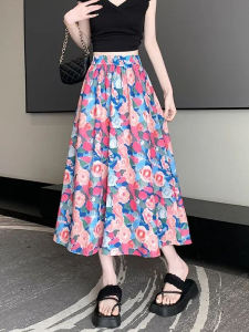 Floral Print A-Line Midi Skirt Womens Summer 2025 New High Waist Gauzy Chiffon Skirt Knee-Length Covering Hip Fashionable