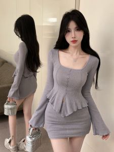 GUZILIAN | ชุดสองชิ้นคอตั้งสไตล์สตรีทฤดูใบไม้ร่วง/ฤดูหนาว กระโปรงยาวปานกลางแขนยาว ทรงเข้ารูป เสื้อผ้าทำงานสไตล์สาวน้อย