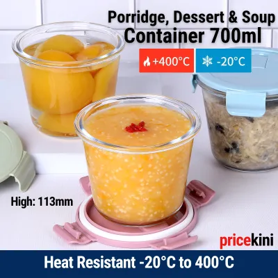 Glass Food Container | Glass Soup Porridge Bowl Kotak Makan High Borosilicate Heat Resistant Oven Microwave Safe | Baby Porridge Container Leak Proof Lunch Bento Box | Bekas Makanan BPA Free PP5 Lid | PriceKini