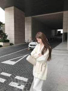 Clean Pure Color Woolen Sweater Cardigan Belted Casual Womens Fashion Spring Knitted Long Sleeve V-Neck Regular Fit Cardigan