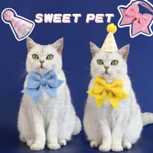 Cat Birthday Hat Dog Collar Cute Headband Cat Hats Pet Headwear Adjustable Bow Tie Small Dog Hat Plaid Hat Costume Decorations