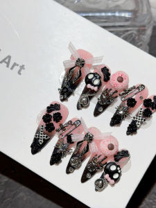 Sweet Cool Spicy Girl Niche Personality Cute Skull Head Pink Black Gradient Ribbon Butterfly Knot Long Wearable Nail Art