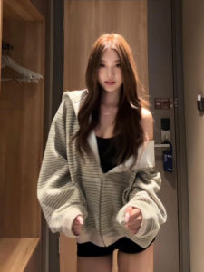 SUHUIQIAN | Grey Striped Hooded Cardigan Early Autumn Casual Loose Feel
