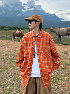 เสื้อเชิ้ตแขนยาวลายสก็อตสีส้มหลวมๆ ทรงหลวมๆ สำหรับผู้ชายและผู้หญิง ฤดูใบไม้ร่วง 2024 ฤดูใบไม้ร่วง ฤดูใบไม้ผลิ ฤดูใบไม้ร่วง ฤดูหนาว