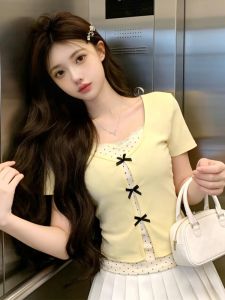 GUZILIAN | Dopamine-Boosting Miu-style Yellow Two-layer Bow T-shirt Summer Short Sleeve