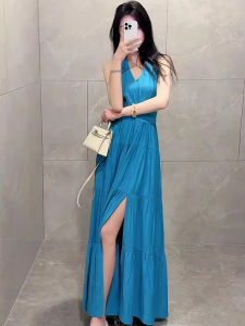 AICAILIN | Đầm Halter Màu Xanh Biển Dành Cho Kỳ Nghỉ Mùa Hè Accentuating Waist