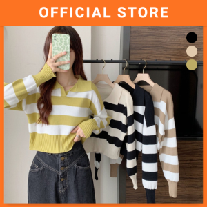 Women Striped Shirt Long Sleeve Knit Top O-Neck Sweaters Shirt Loose Blouse Baju Perempuan 女生长袖衣