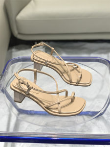 Special Sale 33 Size Roman Style Toe-Over Sandals Womens Summer French Thick Heel Square Head High Heels Fine Strap Sandals