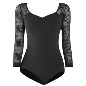 Black Long Sleeve Ballet Fitness Uniform Womens Dance Costume Lace Bodysuit Modern Ballet Practice Outfit Adult Female Gymwear