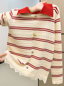 Christmas New Year Polo Neck Striped Knitwear Lace Sweater Casual Style Regular Fit Medium Softness Long Sleeve Womens Top
