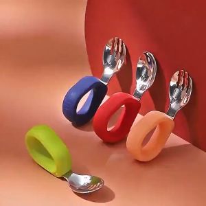 🇲🇾 Ready Stock Baby Curved Learning Stainless Steel Spoon Fork Set Round Handle Self Feeding Training Twisted Cutlery