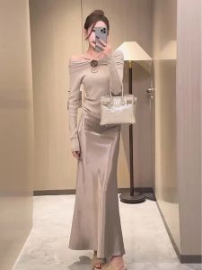 French Acetate Satin High Waist Fish Tail Half Skirt Womens Fashion Slimming A-Line Long Skirt Autumn New Style Commute