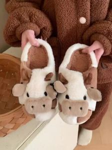 Cow Pattern Plush Slippers Winter Warm Non-slip Cozy Cute Home Slippers for Couples Men