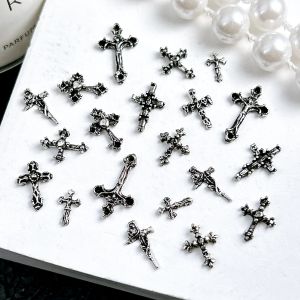 30PCS 3D Light Luxury Black Cross Alloy Nail Charms Creative Cross Halloween Series Nail Art Decorations for DIY Cool Nail Parts