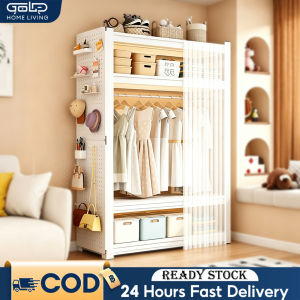 GOLD Metal Clothes Rack Open Wardrobe with Side Pegboard Hanging Rail and Storage Shelves Cabinet衣柜