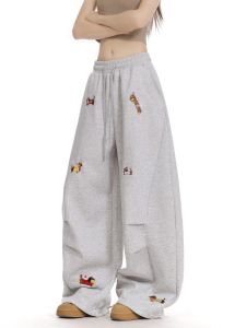 American Style Casual Sausage Dog Embroidery Drapey Wide Leg Pants Women Loose Lazy Style Polyester Fiber Straight Leg Pants