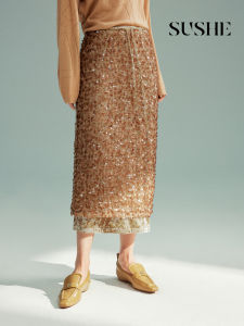 SUSHE | Glitter Party Metallic Mesh and Velvet Embroidery Double Layer Midi Skirt