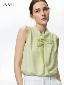 AMII | Romantic Vacation Style Beaded Pleated Tencel Chiffon Blouse Sleeveless Top