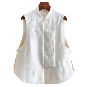 Loose Embroidered Chinese Style Vest Jacket New Summer Commute Zipper Closure V-Neck Womens Fashion Outerwear Tank Top