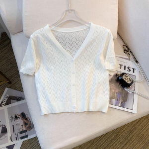 Womens Summer High-End Hollow Ice Silk Knitted Cardigan Thin Sun Protection Long Sleeve V-Neck Button up Loose Fit Korean Style