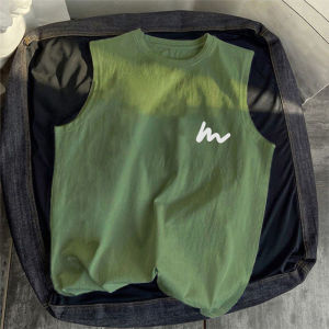 Loose Fit Pure Cotton American Retro Basketball Print Mens Tank Top Sleeveless Summer New Style Military Green Shoulder Pad