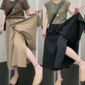 Summer New High Waist Wide Leg Pants Womens Loose Casual Split Trousers Fashionable Seven-Quarter Length Draping Pants