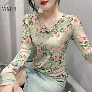 Yimei Áo thun lưới in thanh lịch cho nữ bộ đồ chống nắng dài tay mới mùa hè 2023 Áo Thun Nữ xinh đẹp giảm béo