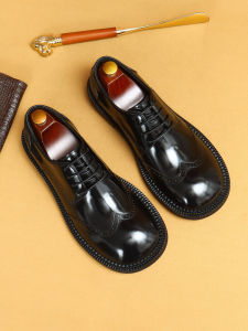 รองเท้าหนังลำลองสำหรับผู้ชาย สไตล์อังกฤษ ทรงหัวมน ทรงหัวมน พื้นยาง รองเท้าบล็อกประดับลูกไม้ สวมใส่สบาย สำหรับผู้ชาย