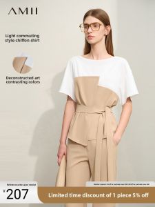 Amii Summer New Minimalist Color Block Short Sleeve Womens Style with Belt Boat Neck Synthetic Fiber Top Asymmetrical Commute